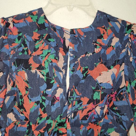 Harlyn Dress Womens M Blue Metallic Abstract Ruffled Lined V-Neck Flutter Sleeve - Picture 9 of 16